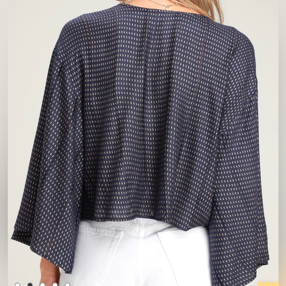 Lulus Undeniable Navy Blue and Gold Print Tie-Front Top. Size: S - Picture 4 of 7